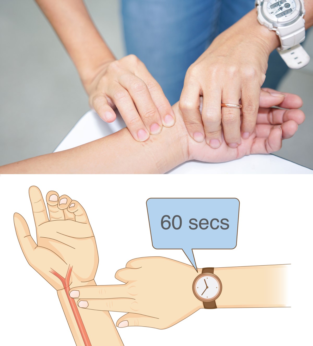 Merenje - opipavanje pulsa, puls na zglobu sa tri prsta na unutrašnjoj strani i palcem na zglobu