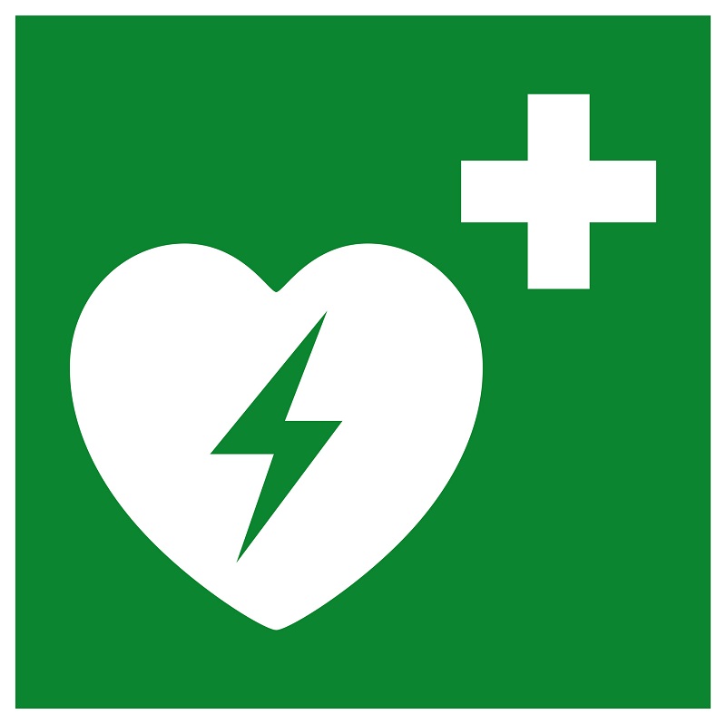 Zvanična oznaka AED, zeleno polje sa srcem i munjom u srcu