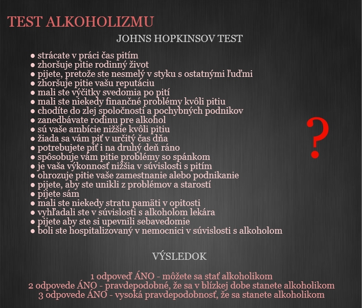 Johns Hopkinsov test alkoholizmu Infografika znázorňuje test alkoholizu Johns Hopkinsov test