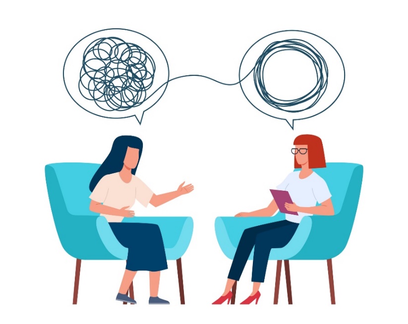 Psychoterapia a rozhovor s terapeutom. Animácia sediacich žien na sedačkách